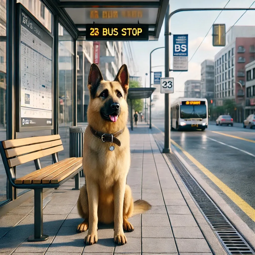 A Realistic Image Of A German Shepherd Dog Sitting Patiently At A Bus Stop. The Dog Is Wearing A Collar And Appears Well Behaved, Looking Forward Atte
