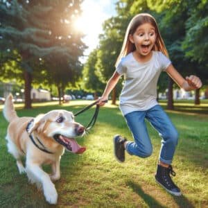 A Young Girl In A Park Being Playfully Dragged By Her Enthusiastic Large Dog On A Leash. The Girl, Around 8 Years Old, Has A Surprised But Joyful Expr