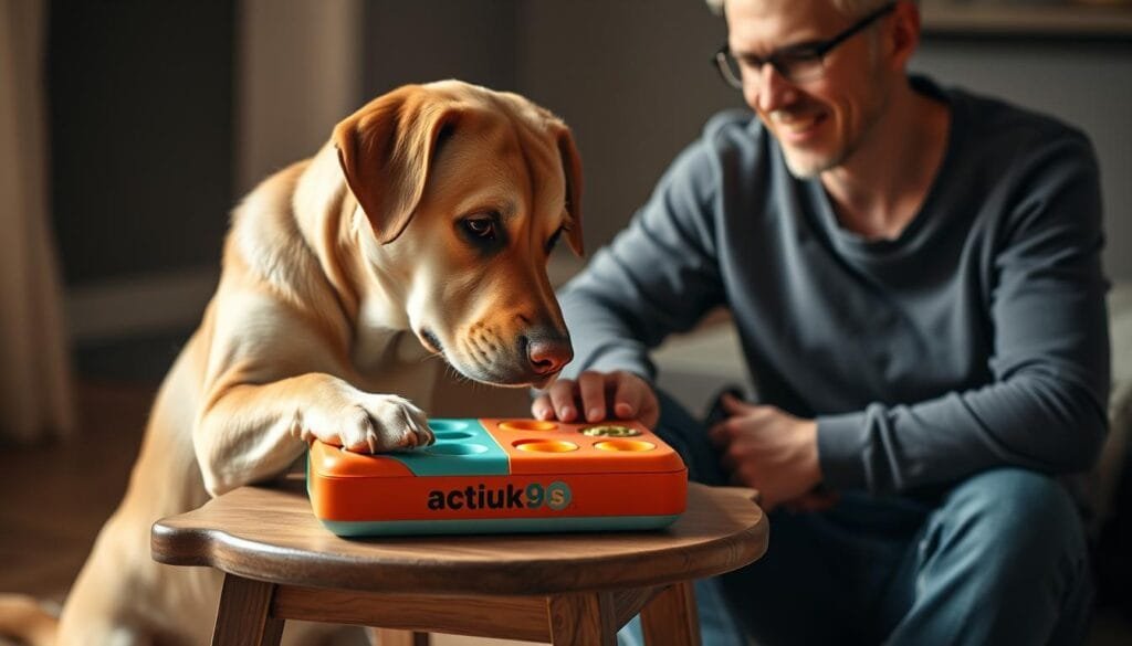 Dog Using Puzzle Feeder for Cognitive Stimulation