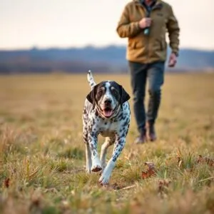 Pointer dog training in field followed by owner